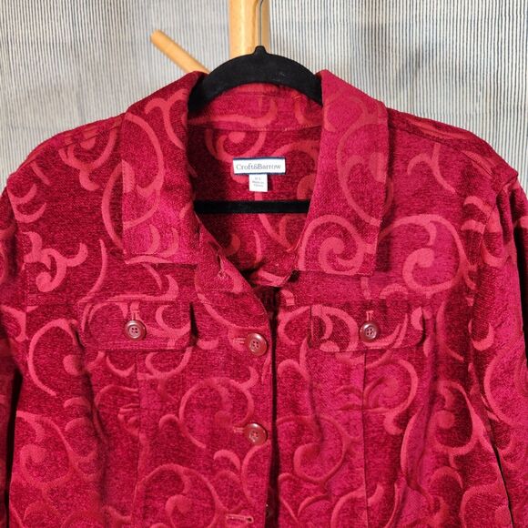 Croft & Barrow $65 XL‎ Red Burgundy Brocade Velvet Button Up Jacket Pockets - Picture 3 of 10